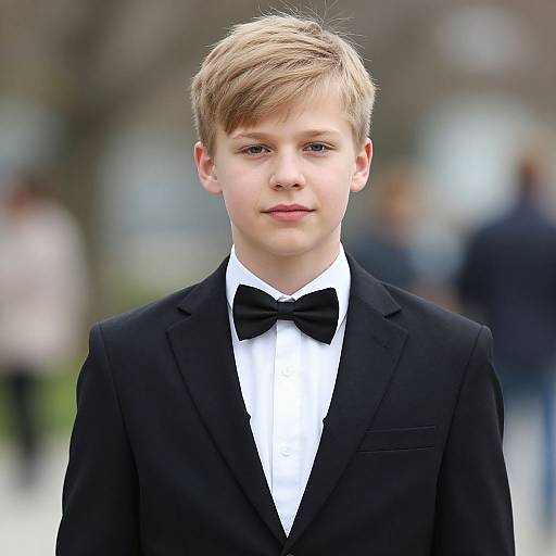 Photograph of a young, blonde-haired boy with fair skin wearing a black tuxedo and black bow tie, standing outdoors with a blurred background of