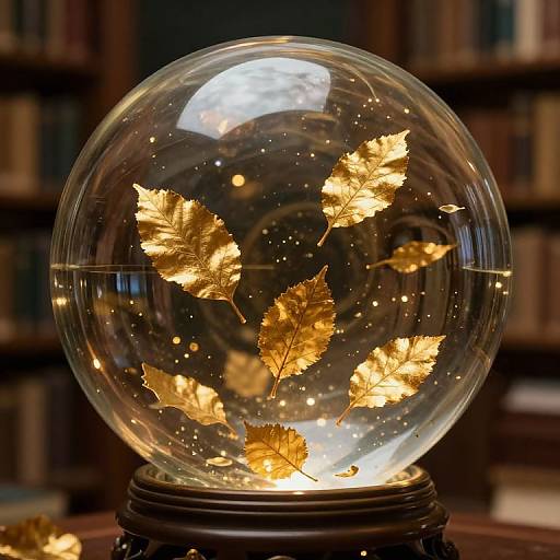 Photograph of a glass snow globe with glowing, yellow autumn leaves inside, set on a wooden stand in a dimly lit library.