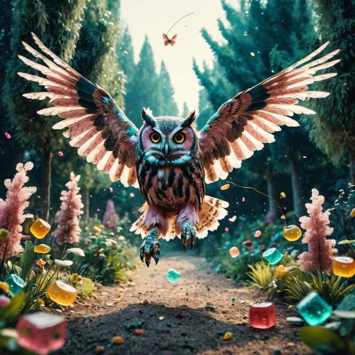Ancient Owl Flying Through Gummy Bear Garden Ancient Owl Flying Through Gummy Bear Garden