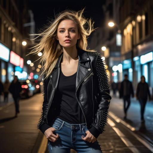 Blonde Woman in Studded Leather Jacket at Night