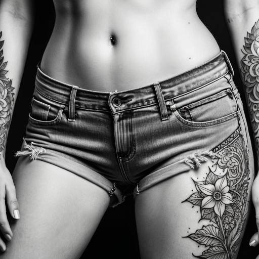 Tattooed Woman in Denim Shorts