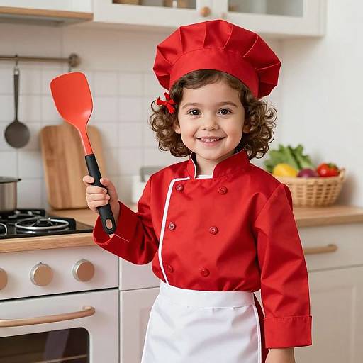 Photograph of a smiling young girl with curly brown hair, wearing a red chef hat, red double-breasted chef coat, and white apron,