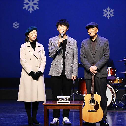 Three People on Stage with Guitar and Microphone