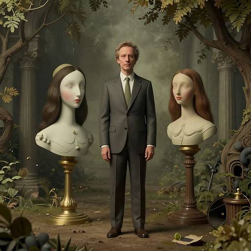 Photograph-like CGI: Man in black suit, white shirt, green tie, stands between two porcelain busts of women with long hair, in a