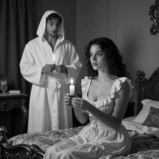 Woman and Man Holding Candles in Vintage Bedroom