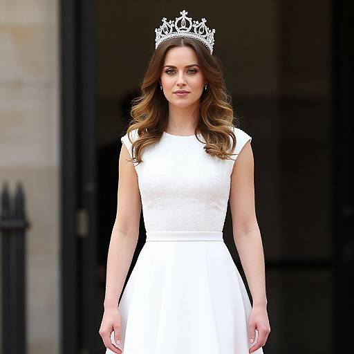 Photograph of a fair-skinned woman with long brown hair, wearing a white dress and silver tiara, standing against a dark background.