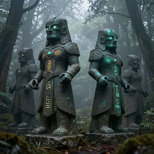 Photograph of four ancient, glowing, robotic stone statues in a misty forest, each with intricate armor and luminescent symbols.