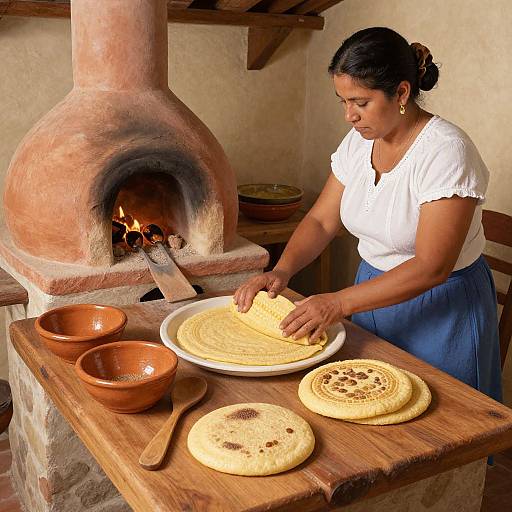 Photograph of a Latina woman in white shirt and blue skirt, rolling dough on wooden table, beside clay oven with fire.