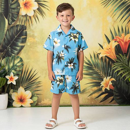 Boy in Hawaiian Outfit with Flowers