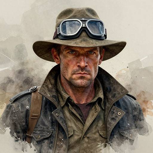 Photorealistic digital portrait of a rugged, serious-looking man in a khaki hat and goggles, wearing a dark green military-style jacket with brown straps