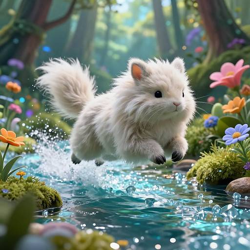 Photorealistic CGI of a fluffy white kitten mid-leap over a sparkling blue stream in a vibrant, enchanted forest with colorful flowers and sunlight filtering through