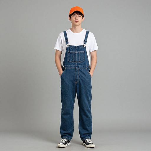 Photograph of a young man with fair skin, black hair, wearing an orange cap, white t-shirt, blue denim overalls, and black sneakers