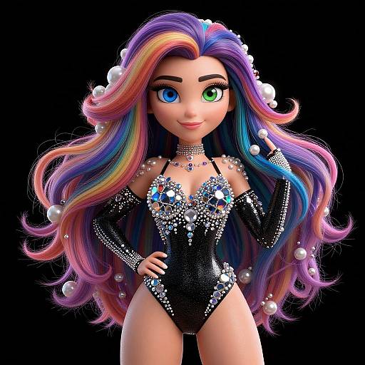 Digital illustration of a colorful-haired, heterochromatic-eyed doll in a sparkly black leotard with pearl accents, posing confidently against a black background