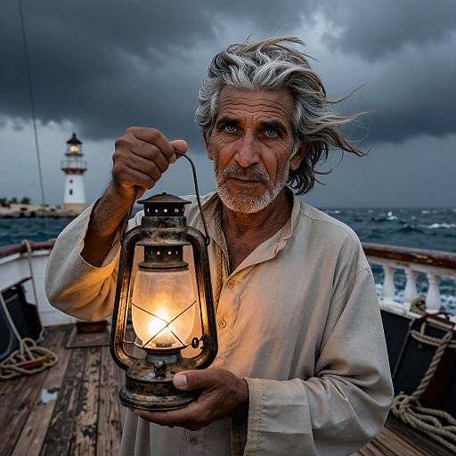Photograph of an elderly, weathered man with gray hair and beard, holding a glowing lantern on a stormy seascape deck.