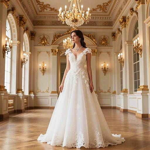 Photograph of a beautiful, dark-haired woman in a white, lace-embellished wedding gown, standing in an opulent, golden-chandelier