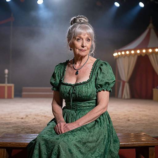 Photograph of an elderly woman with gray hair in an updo, wearing a green, Victorian-style dress, seated on a wooden bench in a circus