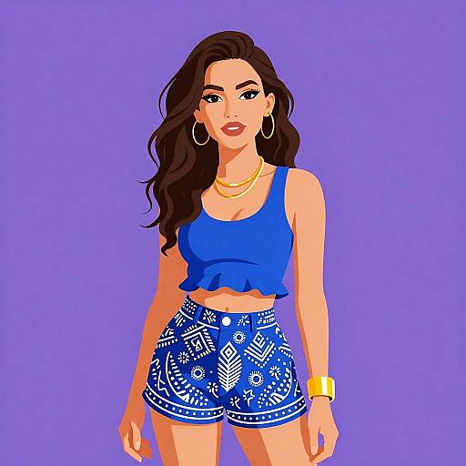 Digital illustration of a stylish woman with long brown hair, wearing a blue crop top, blue patterned shorts, gold jewelry, and a purple background.