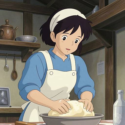 Anime-style drawing of a young girl with black hair, blue shirt, and white apron, kneading dough in a rustic kitchen.