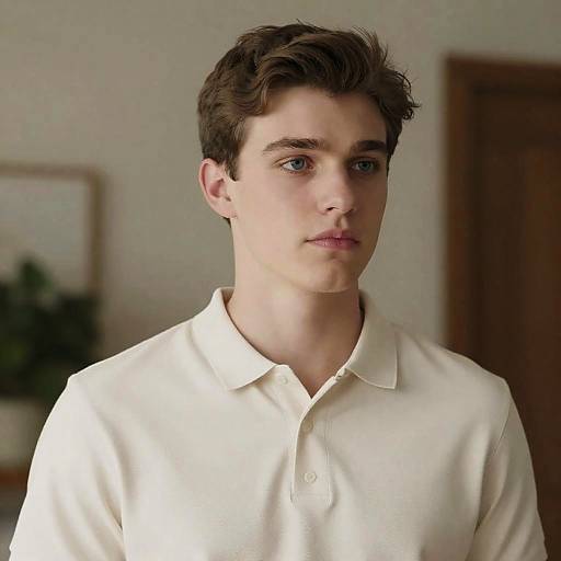 Young Man in Cream Polo Shirt