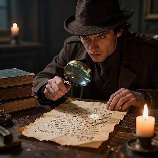 Photograph of a focused man in a dark brown suit and hat, using a magnifying glass on an aged parchment with ciphers, illuminated by two