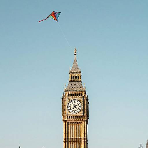 Photograph of the London Clock Tower with Big Ben against a clear blue sky, a colorful kite flying above.