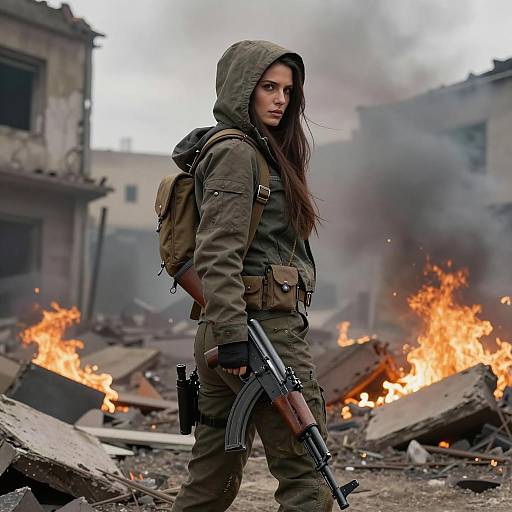 Woman with AK-47 in War-Torn City