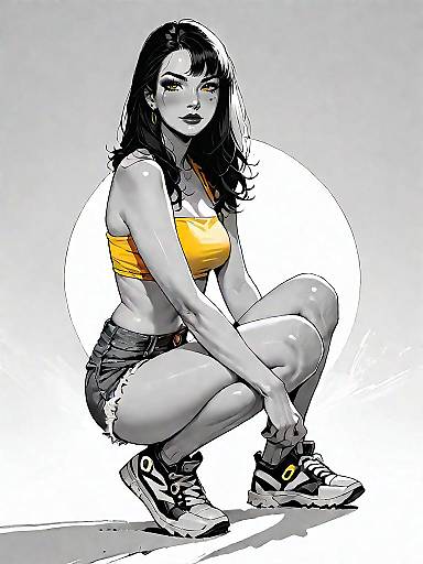 Stylish Woman in Yellow Crop Top and Denim Shorts