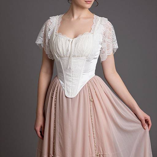 Photograph of a fair-skinned woman wearing a white lace-trimmed bodice and pink, high-waisted, flowing skirt, against a