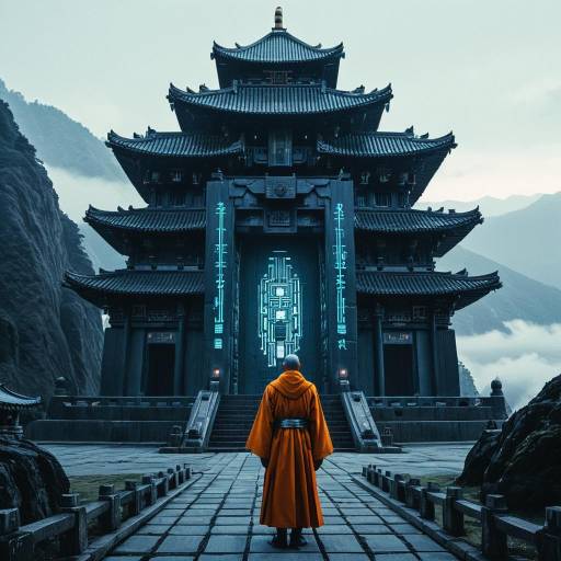 Cyber Monk in Front of Futuristic Temple Gate