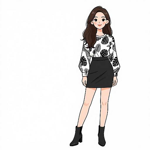 Digital illustration of a young woman with long brown hair, wearing a black floral blouse, black skirt, and black ankle boots, standing against a white background