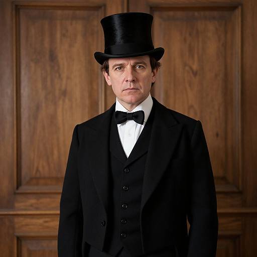 Photograph of a serious white man in a black top hat, black suit, white shirt, and black bow tie, standing against a wooden paneled