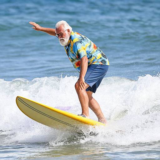 Elderly Man Surfing in Hawaiian Shirt