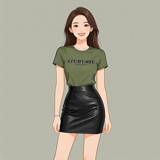 Chic Woman in Olive Green Tee