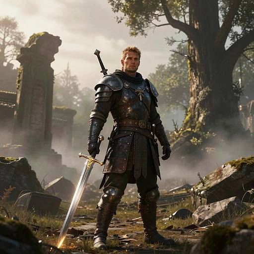 Photorealistic digital artwork of a muscular, blond-haired warrior in black medieval armor, holding a glowing sword, standing in a misty, ancient forest