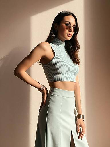 Chic Woman in High-Neck Crop Top and Skirt