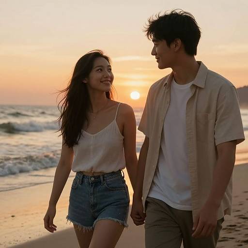Flirtatious Couple at Sunset Beach