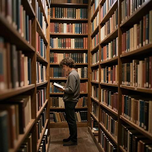 Photograph of a man with curly brown hair, wearing a gray sweater and black pants, standing in a narrow, wooden library aisle, holding a white