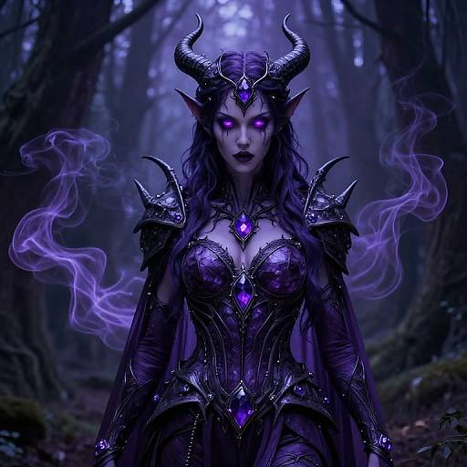 Digital art of a dark, purple-hued demon queen with glowing eyes, black horns, and intricate armor, surrounded by ethereal purple smoke in a