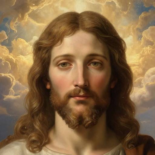 Digital painting of Jesus Christ with long, wavy brown hair, beard, and soft expression, set against a dramatic, golden-clouded sky.