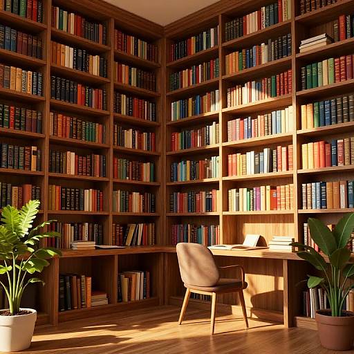 Photograph of a sunlit, wooden-paneled library corner with shelves of colorful books, a desk, chair, and potted plants.