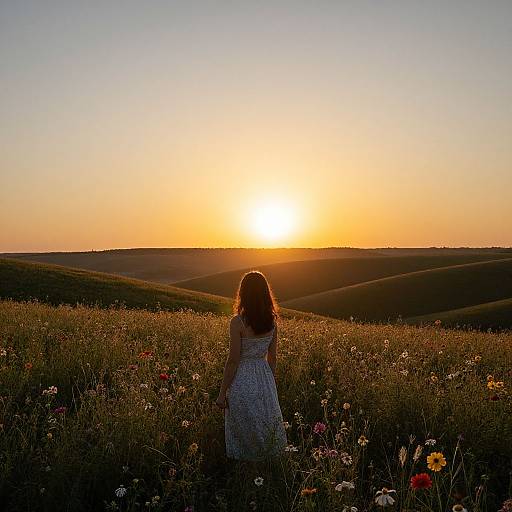 Photograph of a woman with curly brown hair in a white dress, standing in a sunlit meadow of wildflowers, facing a golden sunset over