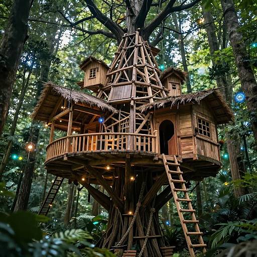 Photograph of a wooden treehouse with thatched roofs, ladder, and fairy lights, nestled high in a lush, dense forest.
