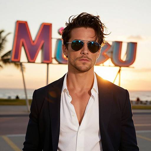 Photograph of a handsome man with dark hair, sunglasses, and stubble, wearing a black suit and white shirt, standing in front of a 