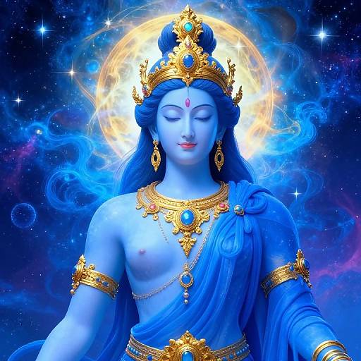 Digital artwork of a blue-skinned, serene goddess with long hair, wearing gold jewelry and a blue drape, set against a cosmic background with stars
