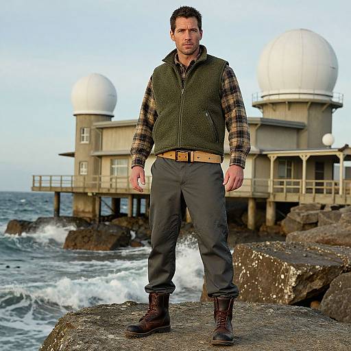 Photograph of a tall, handsome man with short dark hair, wearing a green vest, plaid shirt, dark pants, and brown boots, standing