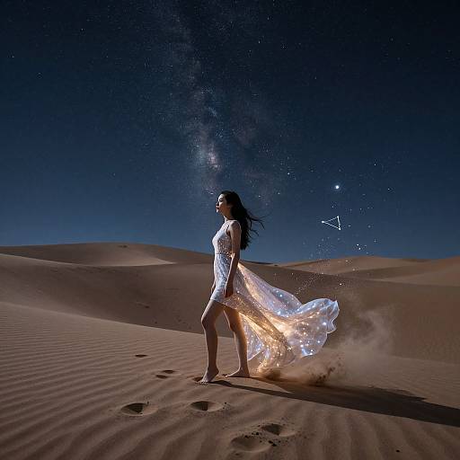 Photograph of a woman in a white, flowing dress standing in a desert at night, with stars and the Milky Way visible in the sky, her