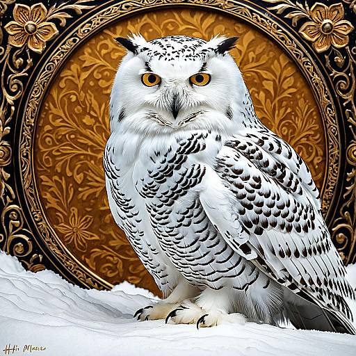 Snowy Owl Portrait with Ornate Golden Frame