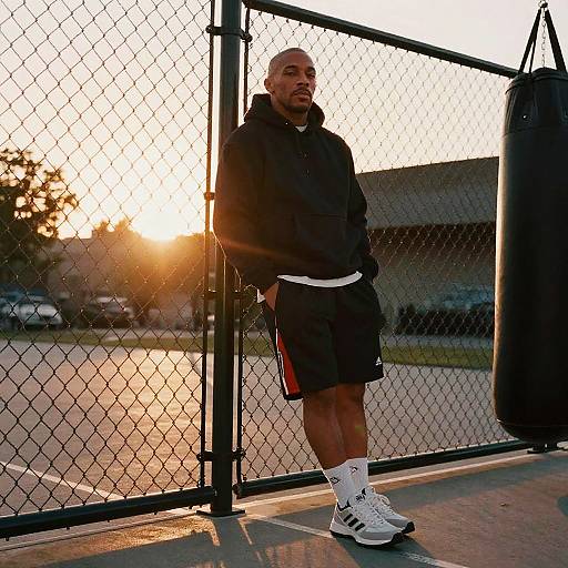 Young Boxer by Gym Fence at Sunset