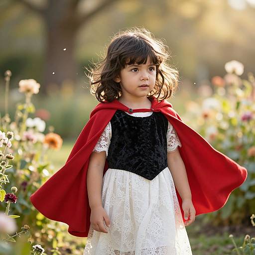 Photograph of a young girl with dark wavy hair, wearing a white lace dress, black velvet bodice, and a red cape, standing in