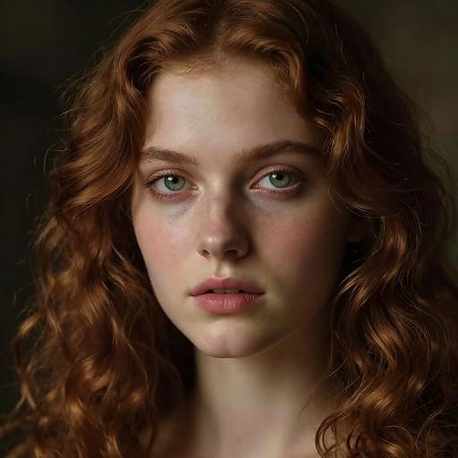 Photorealistic portrait of a young woman with wavy auburn hair, pale skin, green eyes, and pink lips, against a dark background